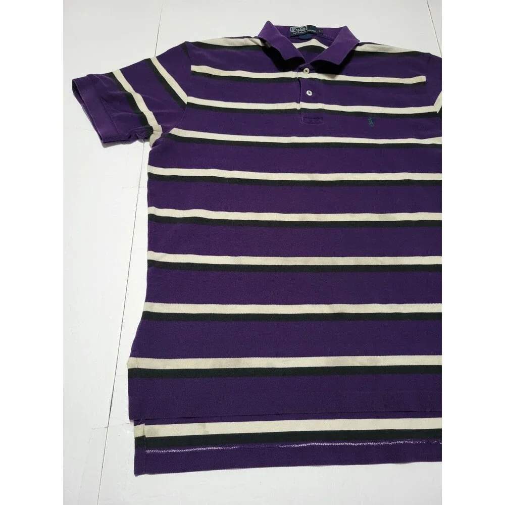 (#L7) Polo Ralph Lauren Mens Large Purple Black Striped Short Sleeve
